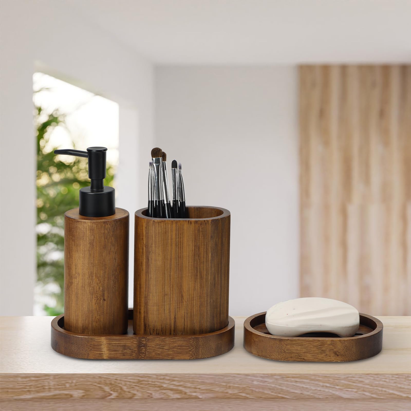 XLHOMO Set di accessori da bagno in resina beige, 5 pezzi, dispenser di sapone per lozione, portaspazzolino, bicchiere da bagno, supporto Qtip e vassoio da toeletta, organizer da bagno per