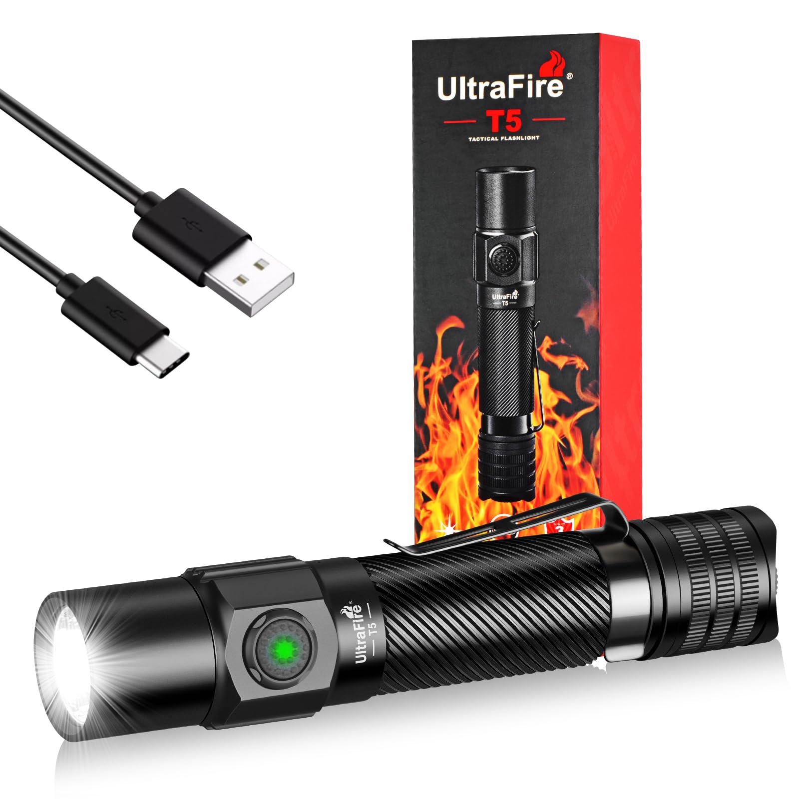 ULTRAFIRE Rechargeable Tactical Torch 1800 Lumen Bright LED Torch, Dual Switch, 5 Modes Small Police Flashlight for Outdoor and Indoor Activities