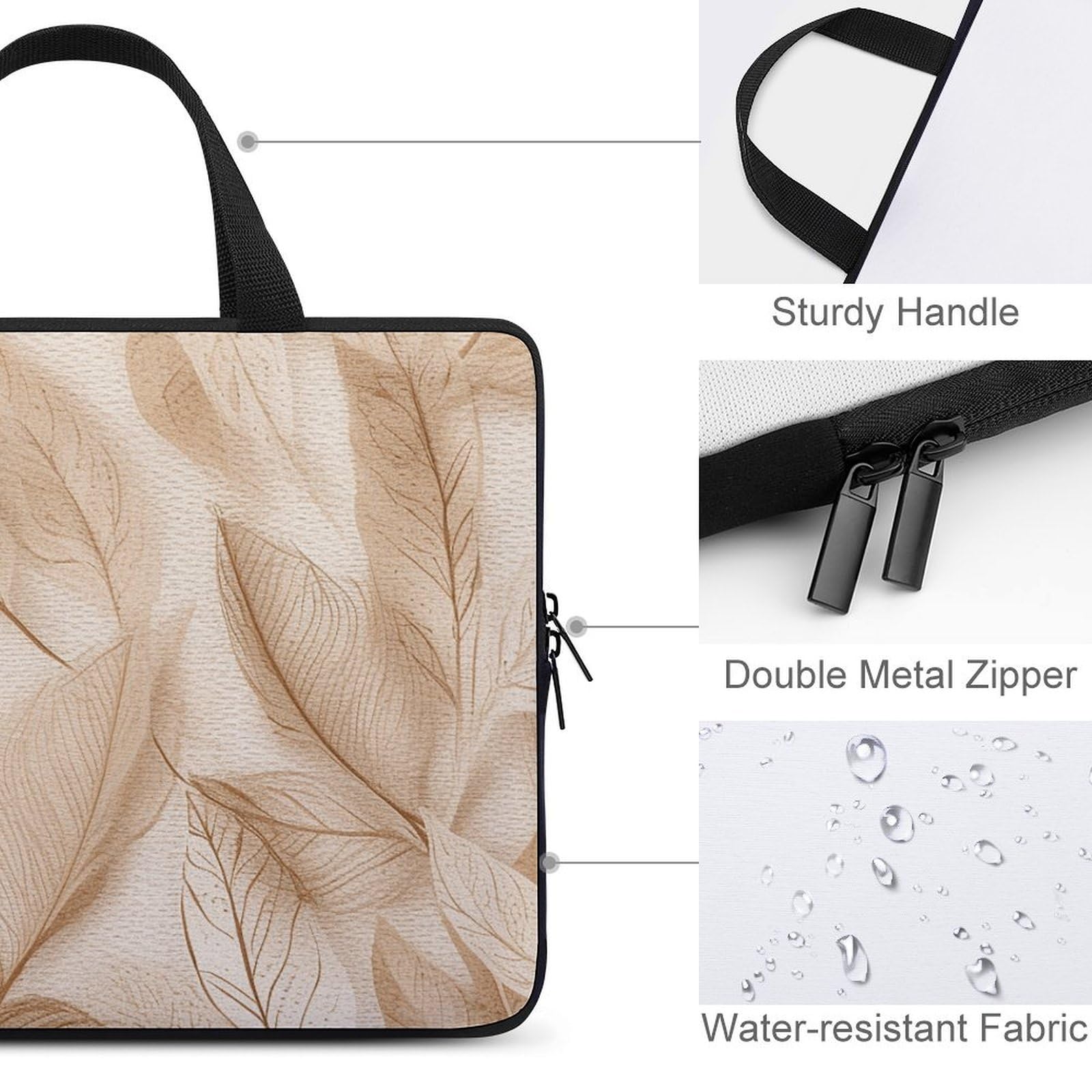 Foglie beige su tessuto Laptop Sleeve Ultra-sottile, impermeabile, 13 pollici Laptop Borse, Borsa protettiva portatile per computer con cinghia da polso