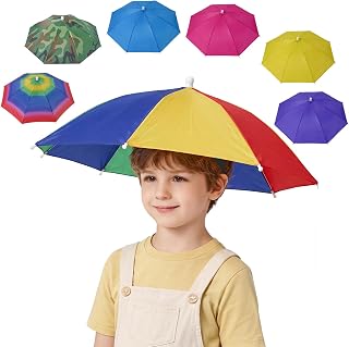 Luwint 7-Pack Umbrella Hats for Kids Teens, 21 inch Wide Brim Sun Rain Hat, Hands-Free Waterproof Folding Umbrella Hat with Elastic Headband for Children Outdoor Activities Beach Camping Garden