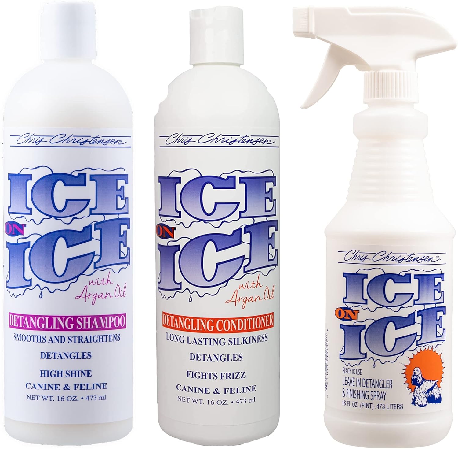 Chris Christensen Ice on Ice Shampoo & Conditioner 16 oz Bundle, Ice on Ice Detangling Shampoo + Detangling Conditioner + Dentangling/Finishing Spray, Groom Like a Professional, Made in USA
