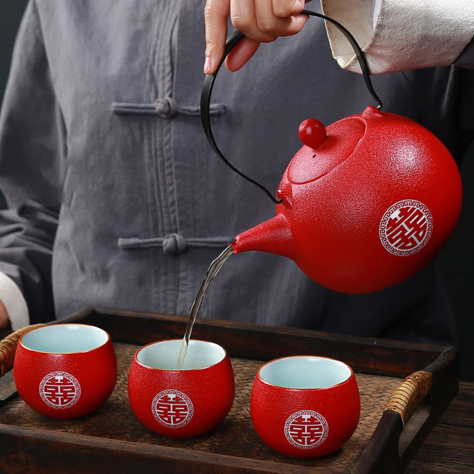 Porcelanowy serwis do herbaty Zestaw do herbaty dla dorosłych Czerwone zestawy do herbaty Kung Fu Czajniczek z 8 filiżankami i tacą na herbatę Prezent ślubny,Filiżanki i spodki do herbaty