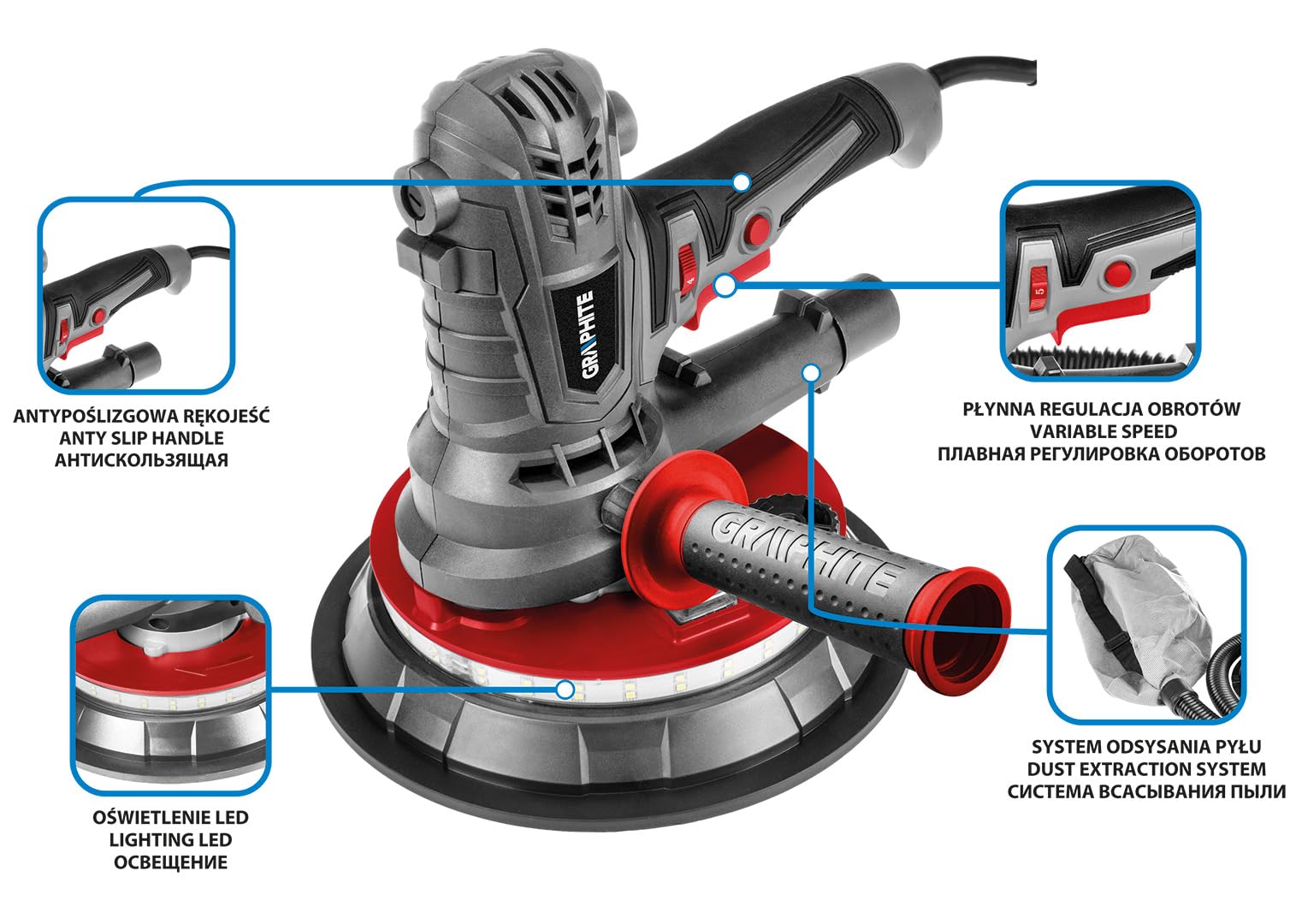 GRAPHITE Scheppach Lijadora de pared y techo - 1400-2700 RPM - Papel de lija de velocidad variable con luz LED - 900 W, tamaño de disco 180 mm - Lijadora profesional de yeso