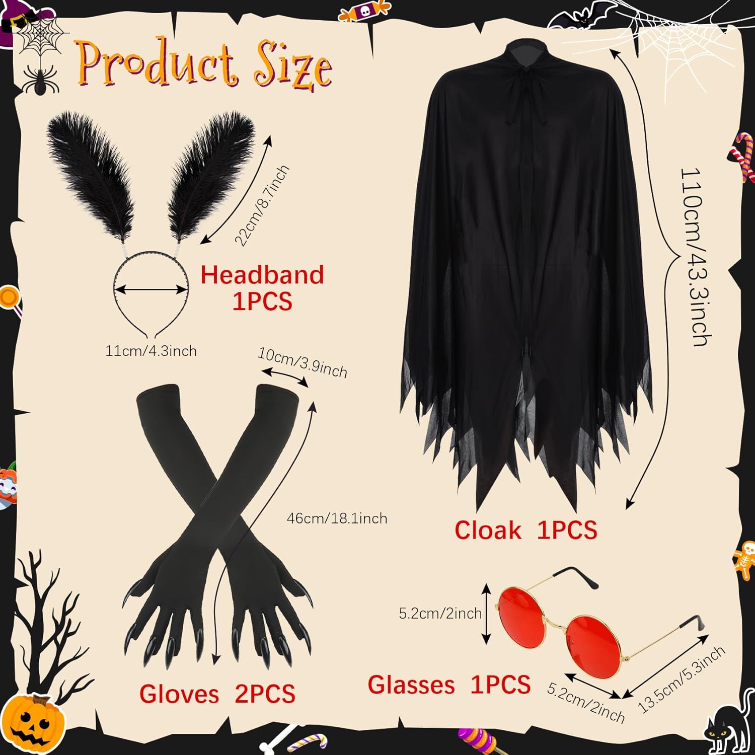 Halloween Unisex Mothman Costume Paw Gloves Glasses Headband Black Cape for Adult Halloween Cosplay Party(Elegant) - Image 4