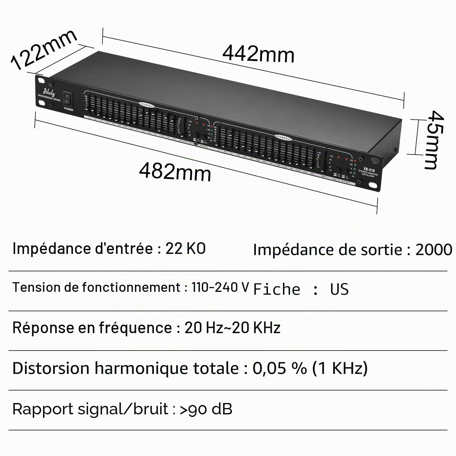 Btuty EQ-215 Égaliseur 15 bandes double canal 1U Égaliseur graphique stéréo 2 canaux à montage en rack