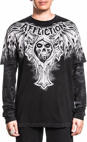 Affliction Misfits Mens Layered Long Sleeve T-Shirt, Black, Skull Graphic Design, 2fer Style