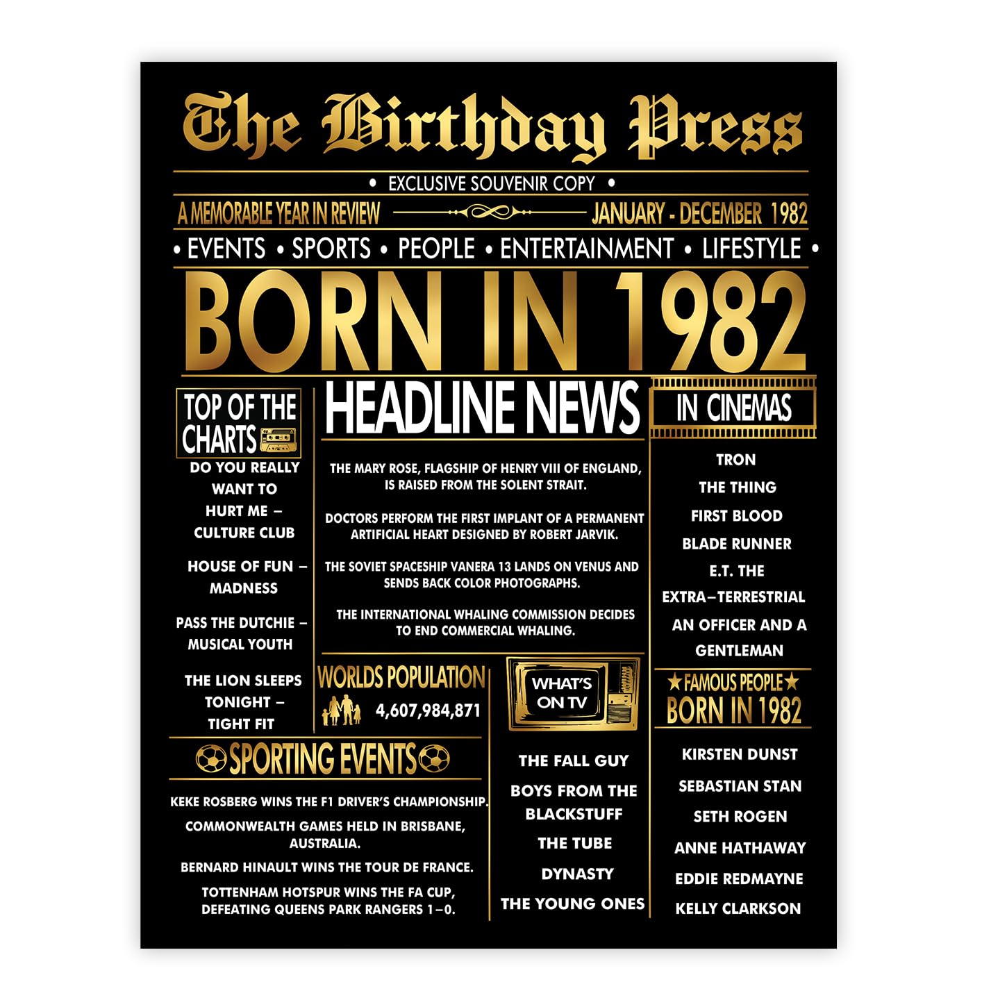 Stuff4 Gold 44th Birthday Poster Unframed, Golden Born In 1982 Newspaper