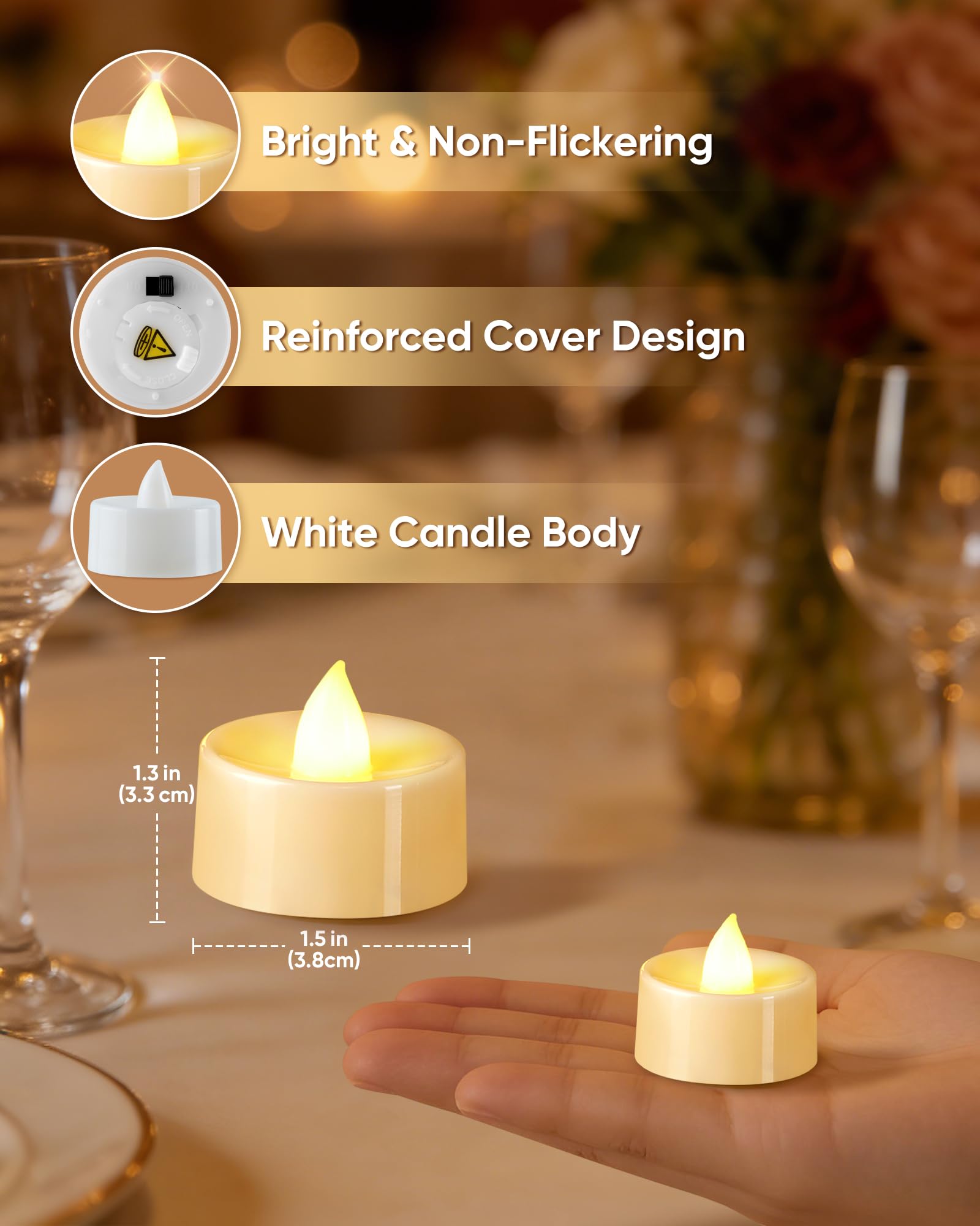 BEICHI Lot de 100 bougies chauffe-plat sans flamme à piles, sans scintillement, bougies chauffe-plat LED pour Halloween, Noël, mariage, maison, blanc chaud, base blanche