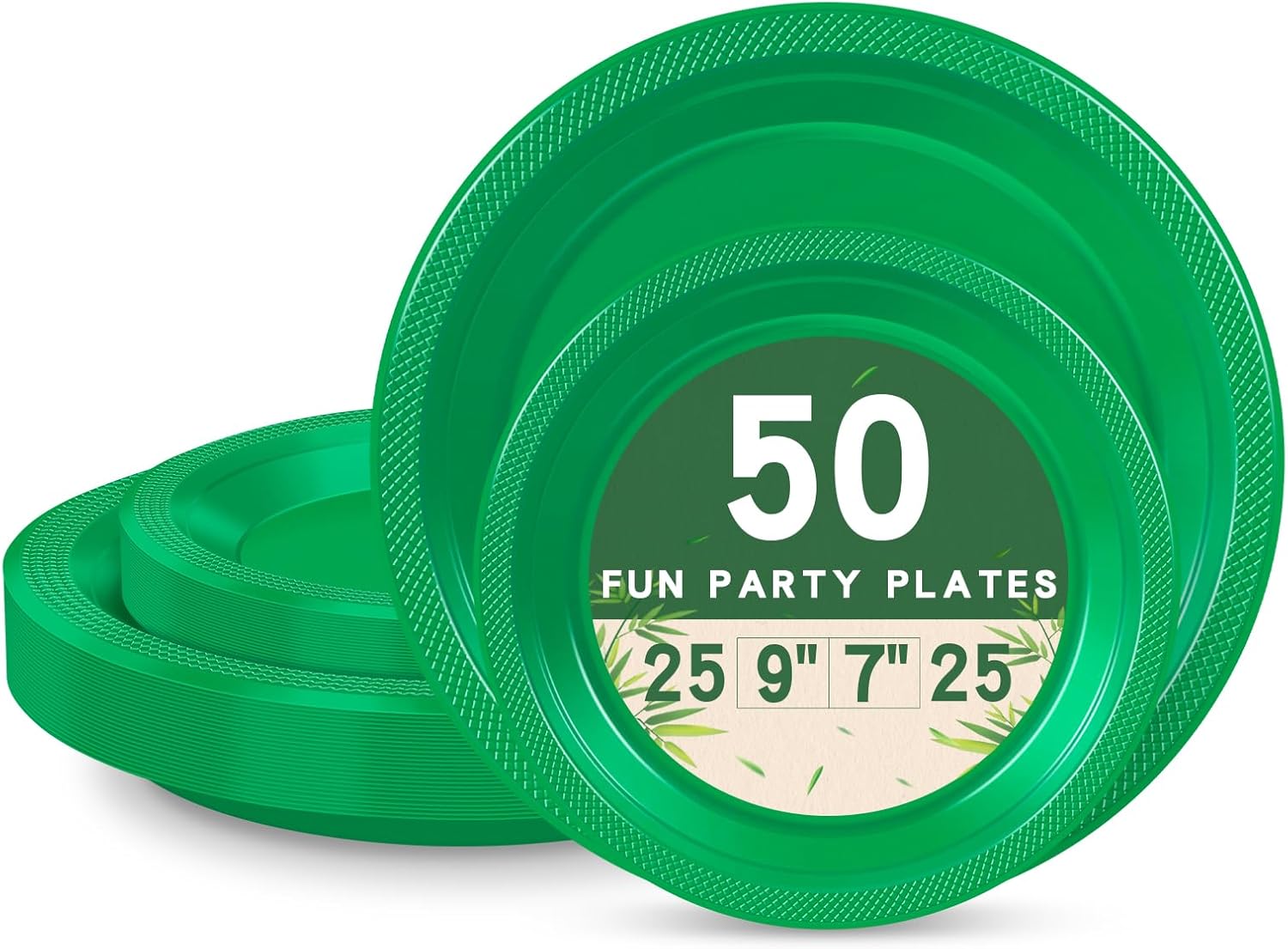 50 Pcs Green Plastic Plates For Party, 25-9" & 25-7" Disposable Cake Dessert Plates For Birthday, St Patricks Day, Christmas Dinner