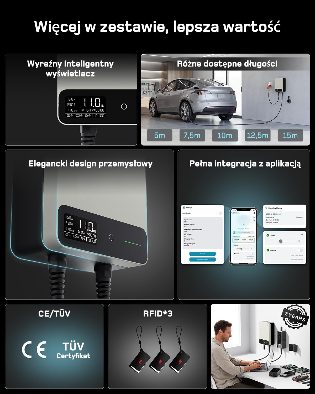 dé Skrzynka ścienna typu 2, 11 kW, z aplikacją i RFID, 6-16 A, 3-fazowa ładowarka EV, 400 V z kablem do ładowania 5 m i uchwytem na kabel do ochrony BEV/PHEV, RCD typu B i IP54, wydajna stacja