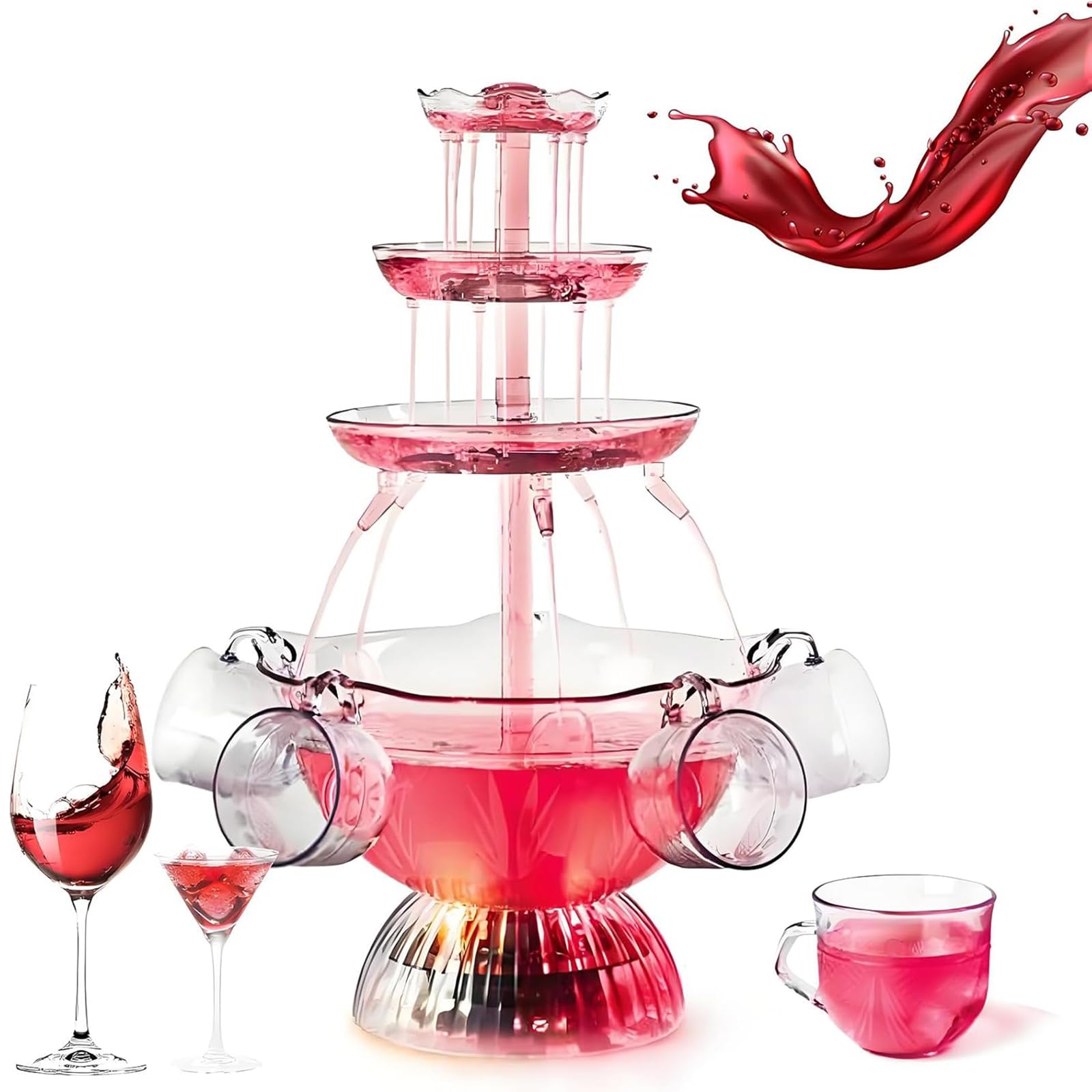 Adtzpc Champagne Fountain Machine, 3-Tier Electric Fountain Drink Machine with 5 Reusable Cups and LED Base, 3L Large Capacity, Release The Aroma and Enhance The Taste, for Party Celebration Bar