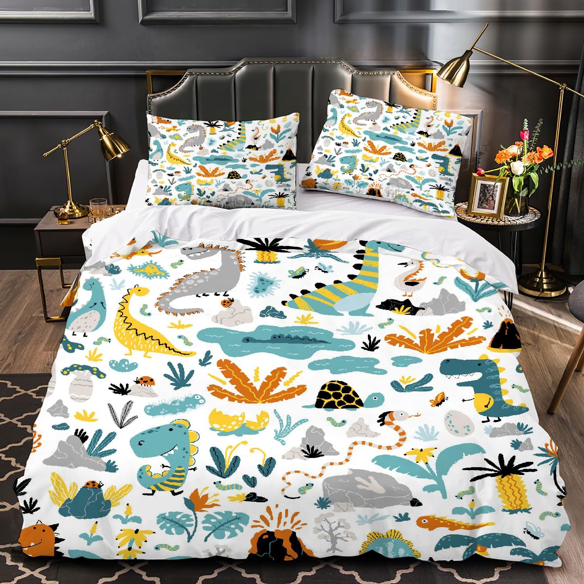 Housse de couette 220x240 dinosaure en microfibre ultra douce parure de lit premium 3 pièces