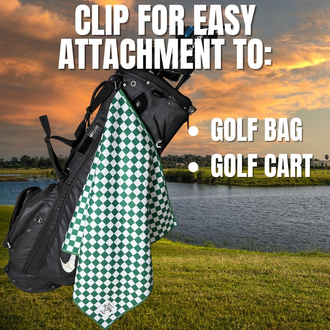 Against The Grain Microfiber Golf Towel with Clip - (20"x40") Green & White Checkered Design Golf Club Towel, Golf Towels for Golf Bags for Men & Women - Image 4