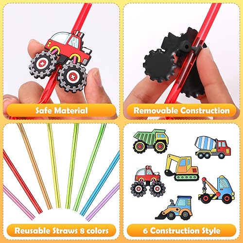 Miniatura 5 de Winrayk 24Pcs Reusable Construction Plastic Drinking Straws Construction Party Favors, Crazy Silly Straws Bulk (6 Styles & 8 Colors), Boys Girls