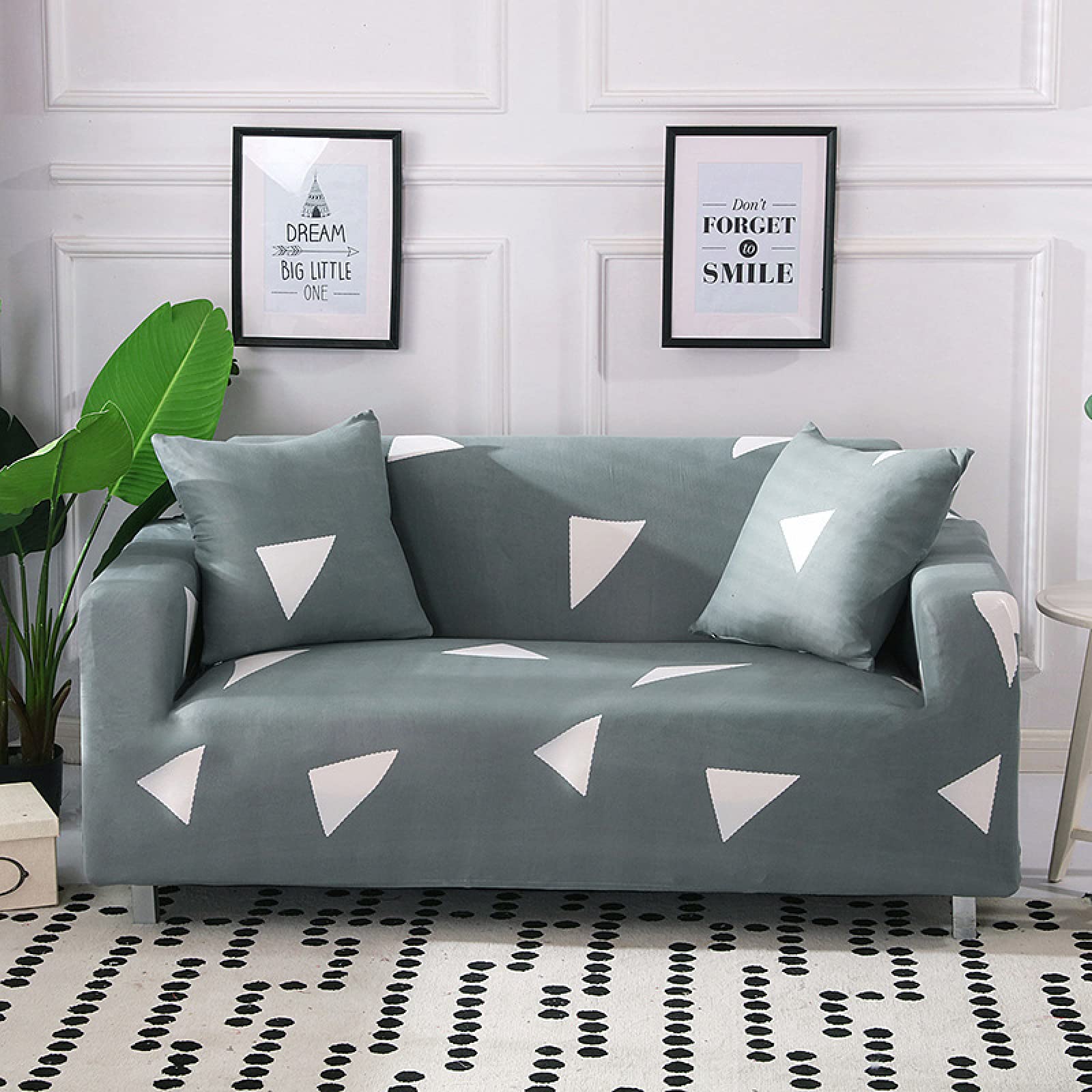 Funda para sofá de 3 plazas elástica en triángulo blanco verde con funda de almohada