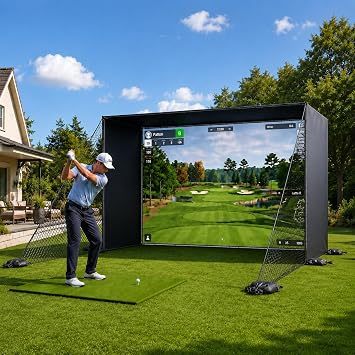 Golf Simulator Enclosure Net with HD Impact Screen, Heavy Duty Steel Frame, Side Shank Protection Nets, Sandbags, Indoor Garage Golf Hitting Net for Real Golf Balls
