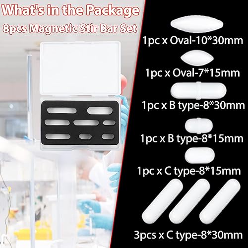 Miniatura 3 de 8PCS PTFE Magnetic Stir Bar Set for Magnetic Stirrer, White Magnet Mixing Bars,3 Shapes, 8x15mm, 8x30mm, 7x15mm, 10x30mm Magnetism for Laboratory