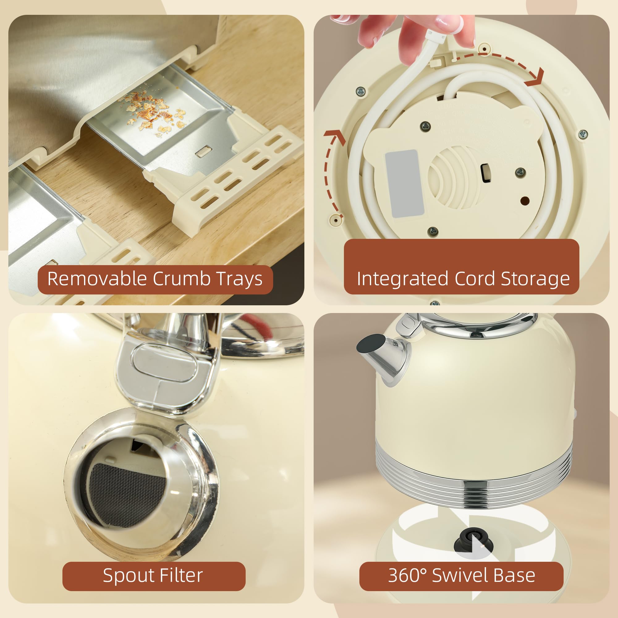 HOMCOM Juego de hervidor y tostadora de 2200 W, hervidor de acero inoxidable de 1,7 L con aislamiento y tostadora de 4 rebanadas, 7 niveles de dorado, descongelación, recalentamiento y bandeja