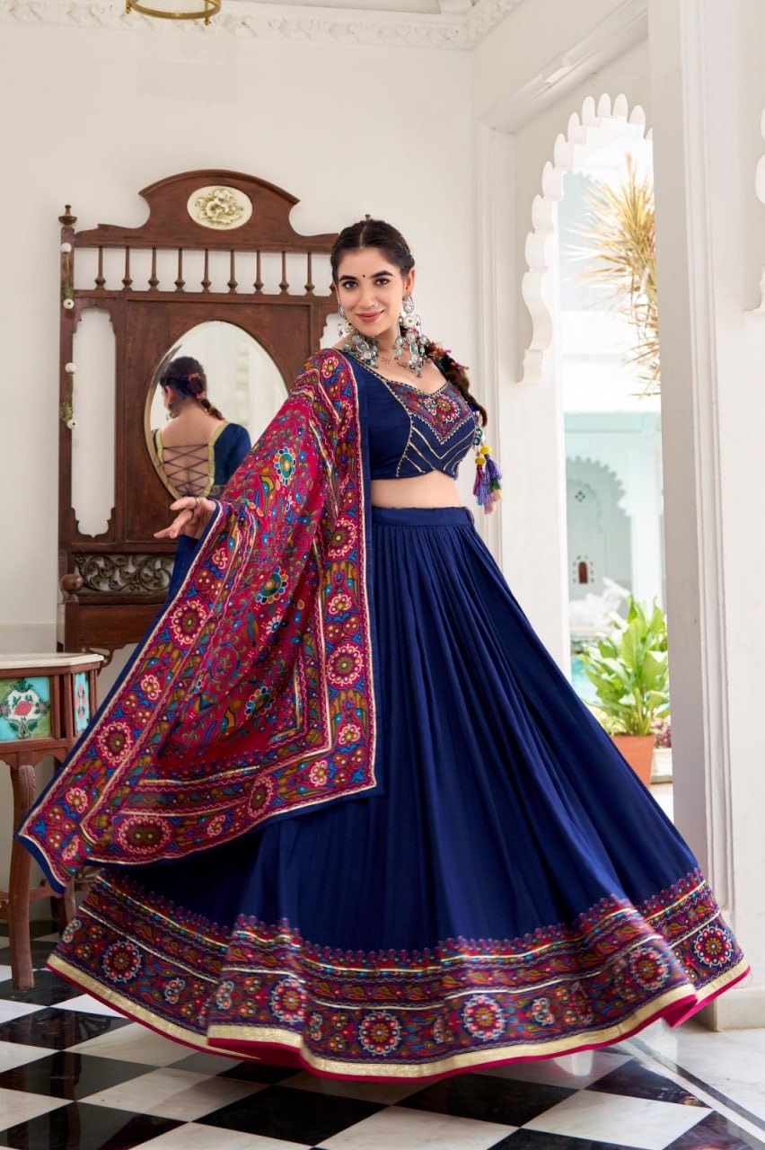 Women’s Navy Blue Lehenga Choli with Printed Dupatta Designer Dolla Silk Chaniya Choli for Navratri Garba Wedding Party Wear Traditional Ethnic Dress (Blue)-image-11