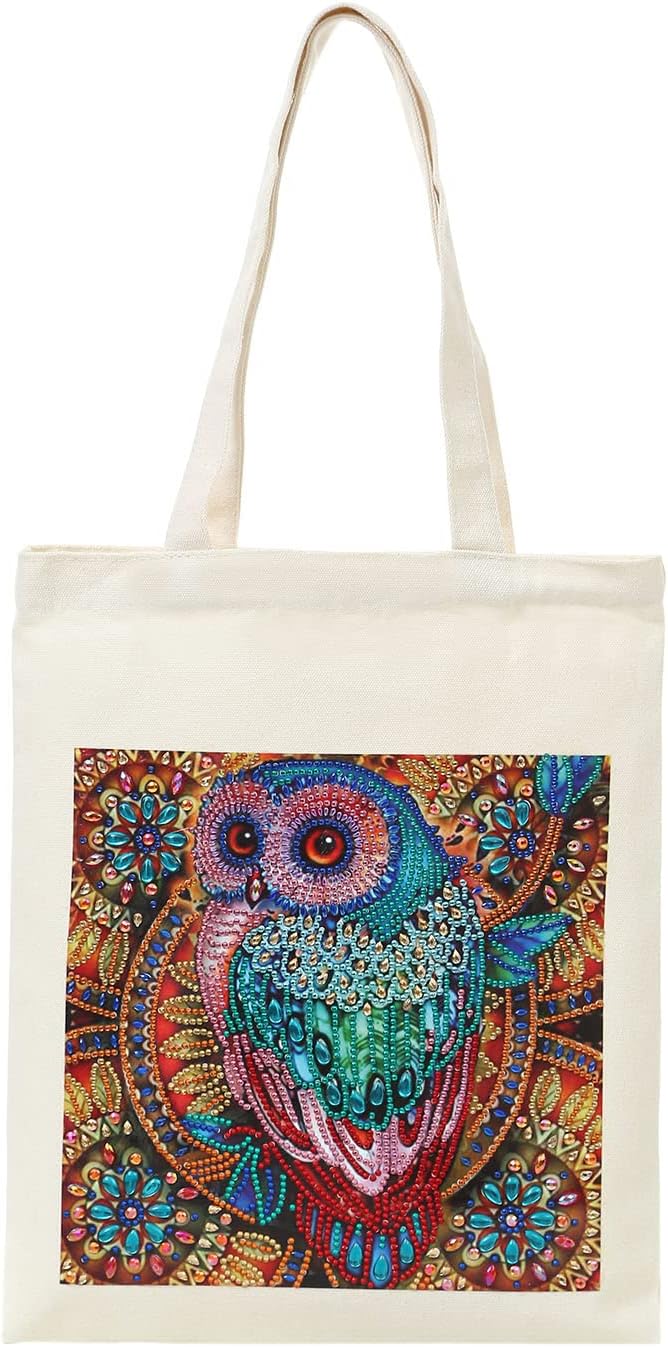 5D diamond painting canvas tote bag with owl pattern.