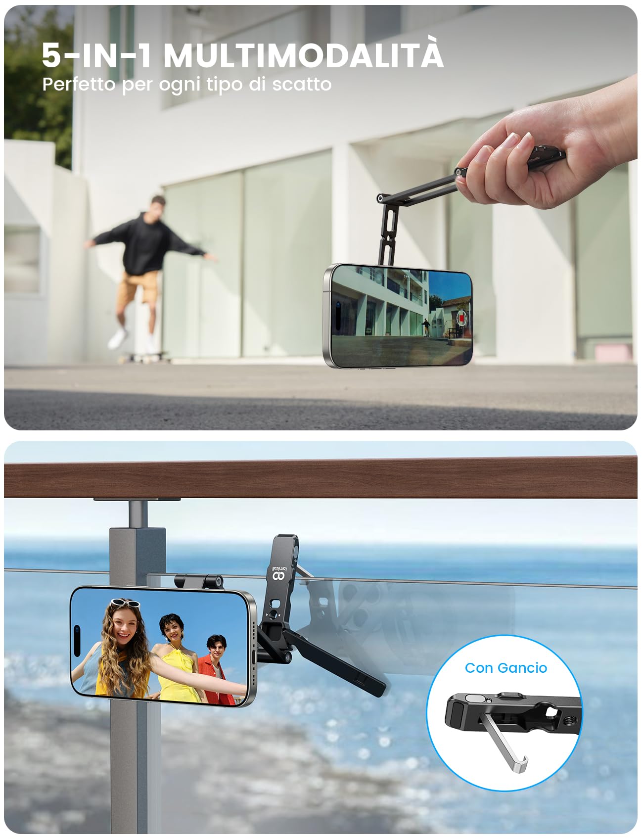 Lamicall 5 IN 1 Treppiede Smartphone, Mini Treppiede per Magsafe -[Compatto] Treppiede Tavolo Alluminio, Vite da 1/4"& Arca-Swiss, Porta Telefono Magnetico con Gancio Nascosto, Ideale per Vlog Viaggio