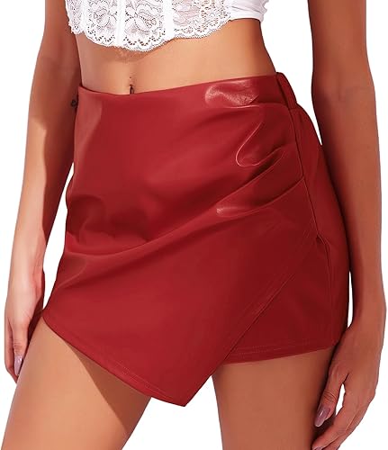 RIOJOY Womens Faux Leather Shorts High Waist Short Skirt Asymmetrical Ruched Wra