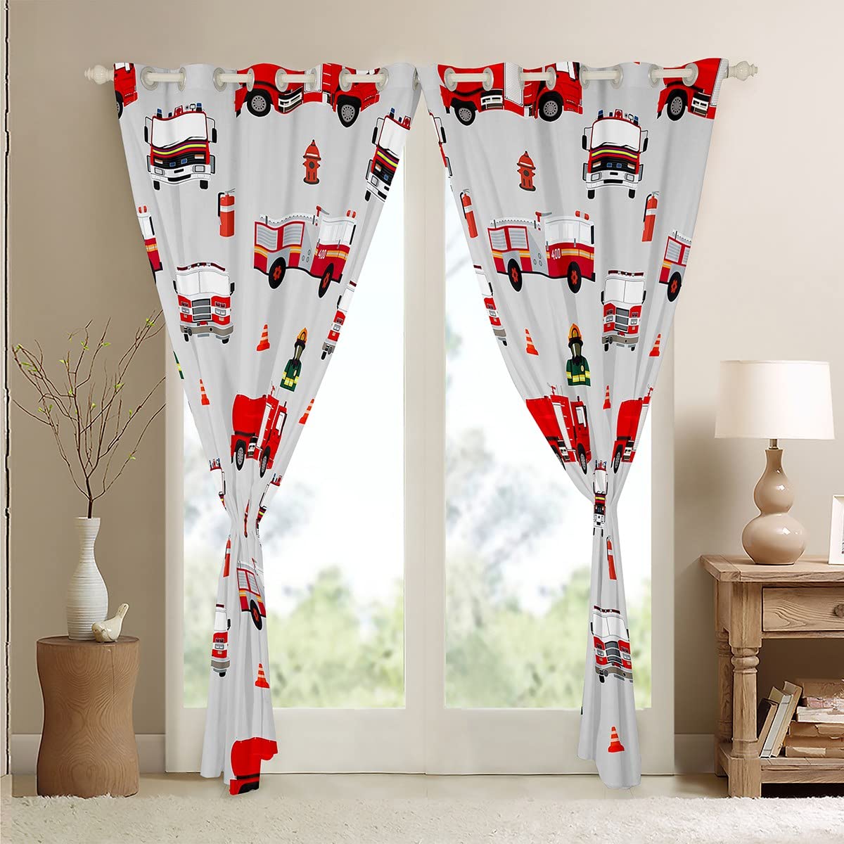 Loussiesd Kinder Feuerwehrmann Fenstervorhang 175x140cm Jungen Feuerwehr Feuerwehrmann Blickdichte Vorhänge Rotes Feuerwehrauto Fahrzeug Muster Vorhänge für Mädchen Schlafzimmer Dekor