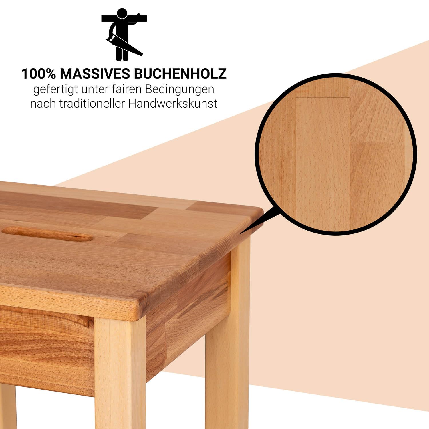 Staboos massiv Holzhocker Doc mit Eingriff bis 150 kg - Buche Sitzhocker aus Holz - Kernbuche Natur - Hocker als Nachttisch nutzbar - 35 x 35 x 45cm