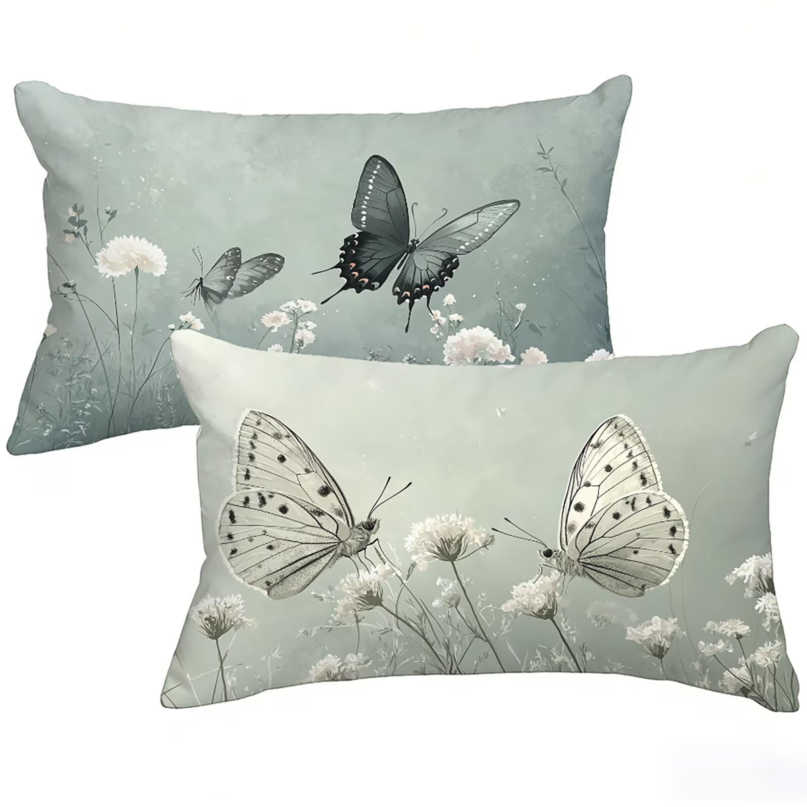 Housse de coussin imperméable 40 x 80 motif papillon en lin gris