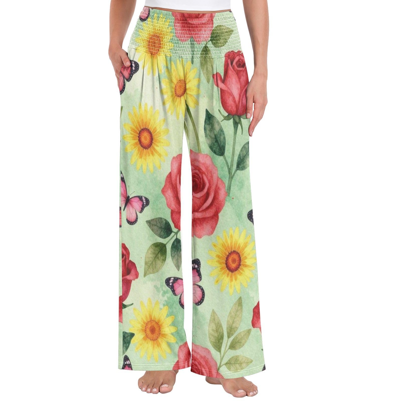 Rose Flutter - Pantalones palazzos para mujer, ligeros, elásticos, informales, ropa de descanso