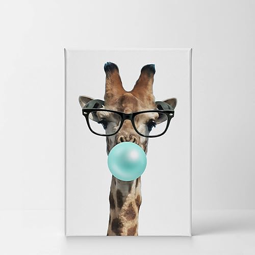 Miniatura 2 de Smile Art Design Bonita jirafa con gafas, arte de goma de mascar de animales, arte de pared en lienzo verde azulado y azul, arte para pared,
