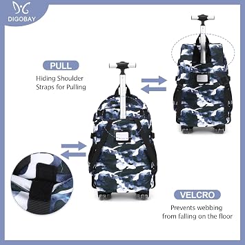 DIGOBAY Camo Rolling Backpack for Boys, 3PCS Tactical Kids Rolling Backpack Set with Lunch Bag & Pencil Case, Boys Wheeled School Bookbag for Elementary, Middle, High School