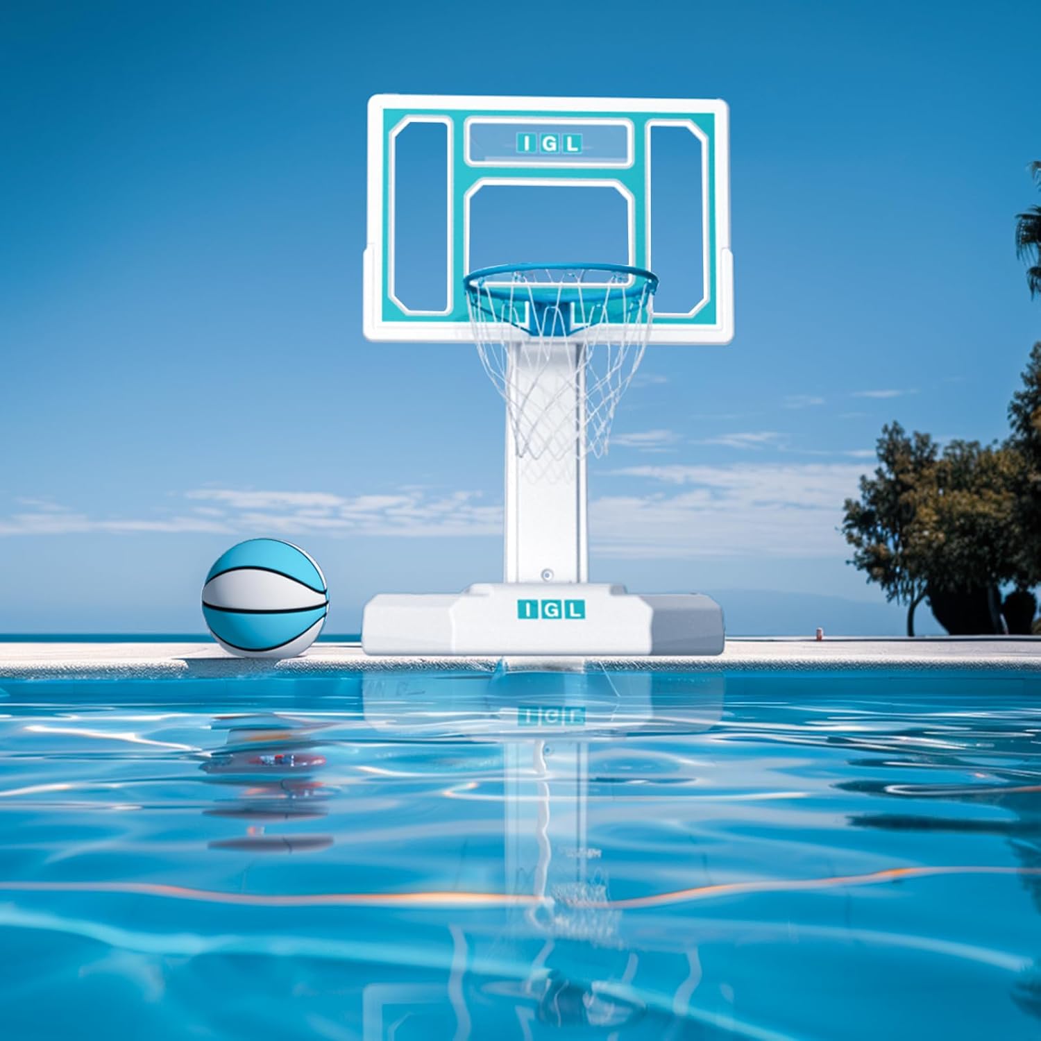 חֲזִית view of the IGL Pool Basketball Hoop next to a swimming pool, showing the backboard and net.