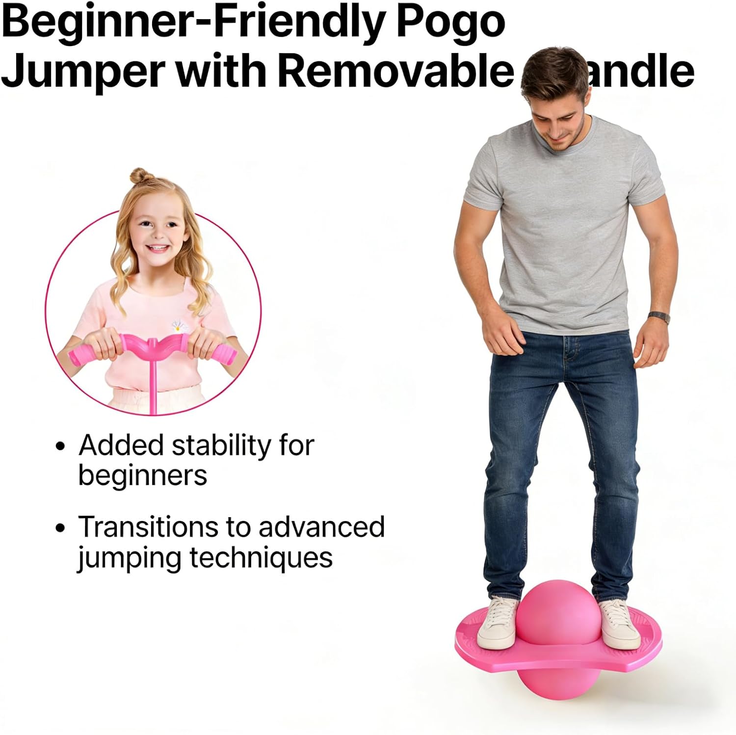 Balance Jumping Ball,2026 Balance Pogo Ball,Pogo Jumper with Adjustable Handle & Pump,High Jump Toy Bounce Jump Trick Board Pogo Bouncing Ball Safe and Fun Pogo Stick for Adults(Knee braces)