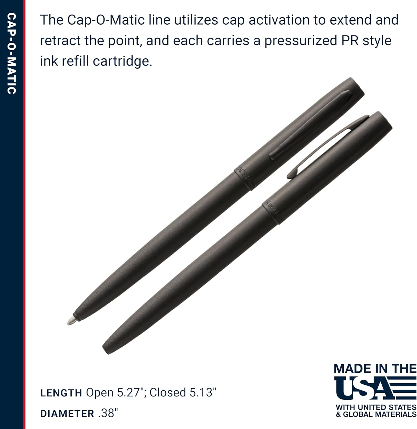 Fisher Space Pen Military Cap-O-Matic Pen, Pressurized Ballpoint Pen, Writes Upside Down and in Extreme Temperatures, Black Ink, Medium Point, Pocket Clip, Gift Box, Made in the USA