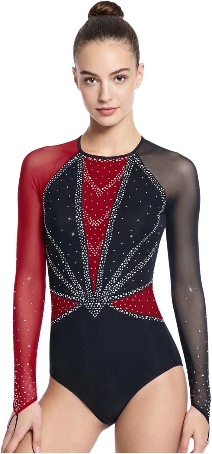 ACSUSS Women Gymnastics Dance Leotard Glittery Rhinestone Long Sleeve Bodysuit Training Figure Skating Costume