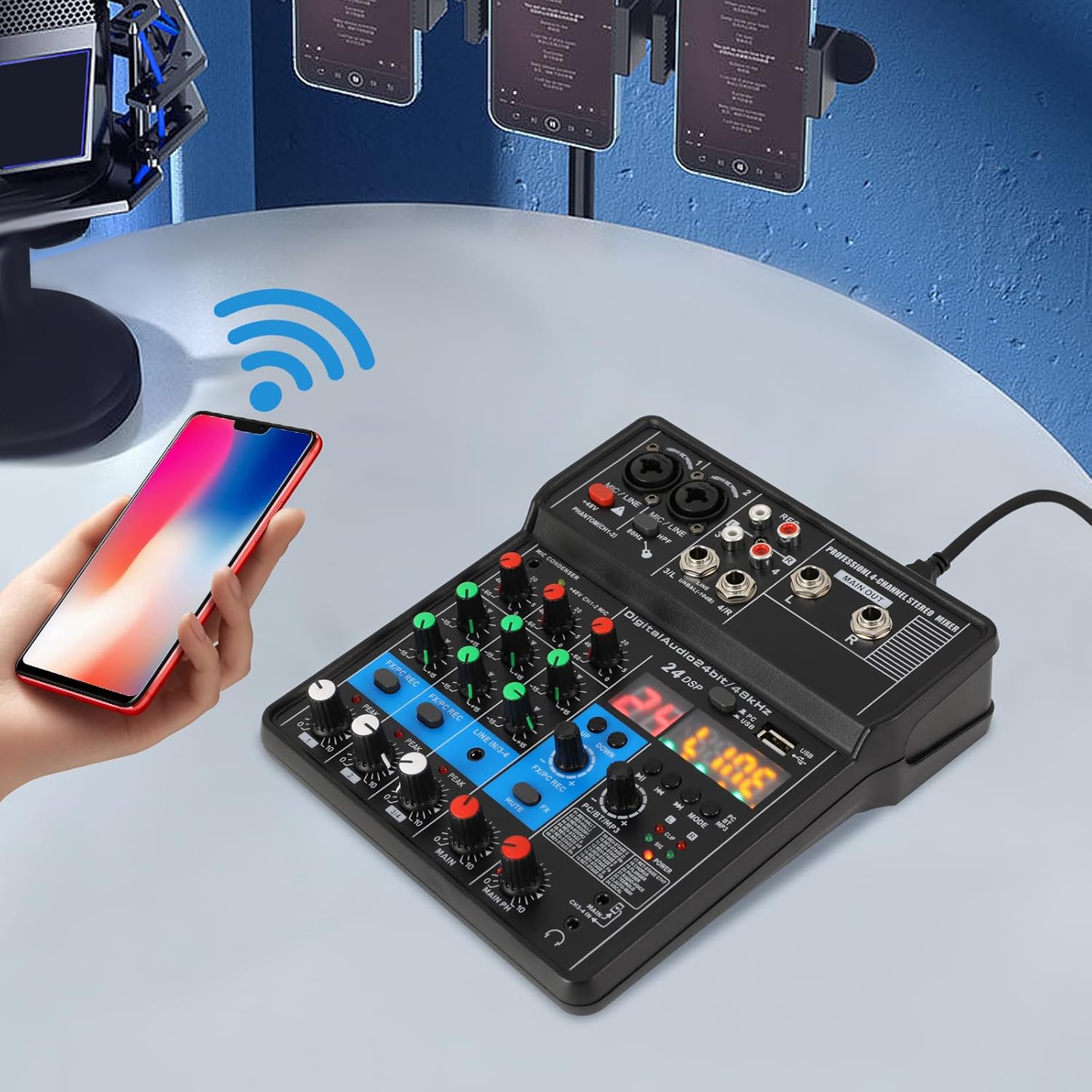 4-Channel Compact Professional Mixer Audio Interface, Mixing Console W/USB LOOPBACK & Bluetooth, All-in-One Mixer Board High Compatibility for Live Streaming Recording Home Studio