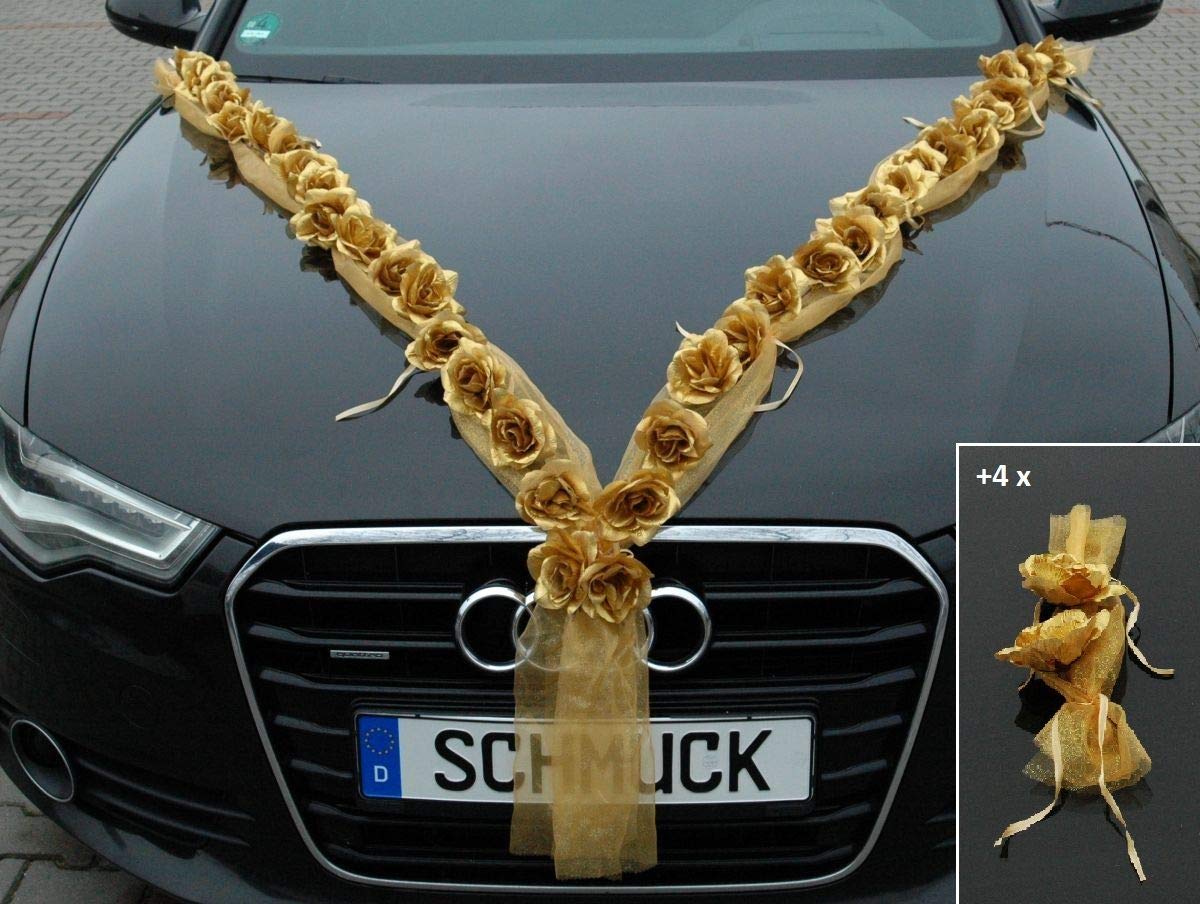Gold Silber Auto Schmuck Braut Paar Rose Deko Dekoration Autoschmuck Hochzeit Car Auto Wedding Deko Ratan (RG Gold)