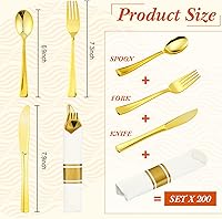 Vista 2 de Zubebe Juego de 800 cubiertos preenvueltos de plástico desechables con 200 tenedores, 200 cuchillos, 200 cucharas, 200 servilletas para bodas, Dorado