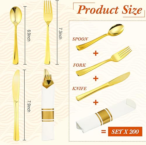 Miniatura 2 de Zubebe Juego de 800 cubiertos preenvueltos de plástico desechables con 200 tenedores, 200 cuchillos, 200 cucharas, 200 servilletas para bodas,