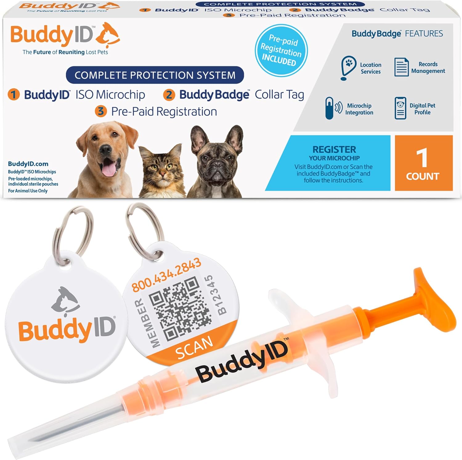 BuddyID Complete Protection System, ISO Pet Mini Microchip with Pre-Paid Lifetime Registration and BuddyBadge® QR Collar Tag, SearchALERTS & SafePlaces Access, for Dogs, Cats and Animals 1ct