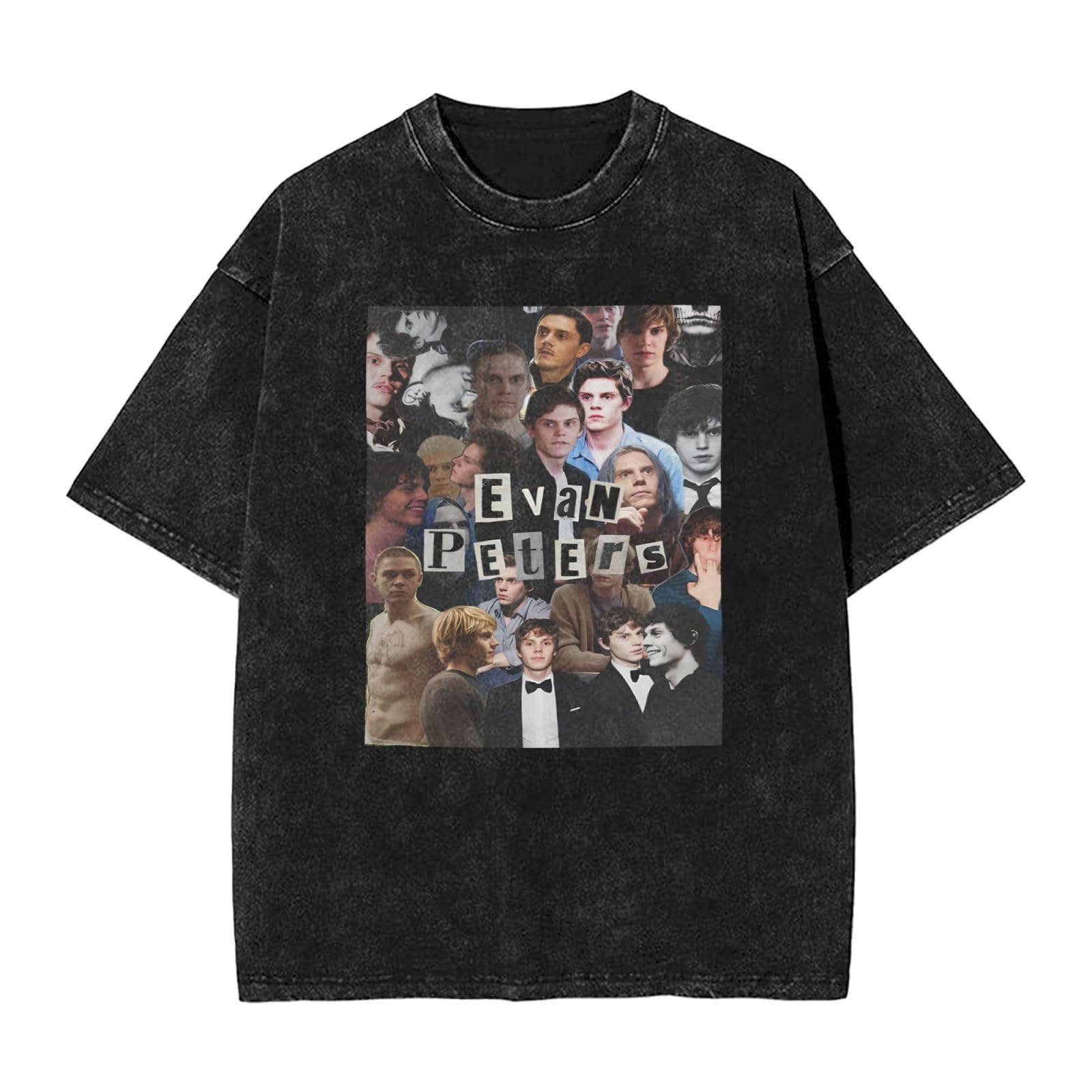 Viplili Unisex Black Evan Actor Peters T-Shirt Washed Vintage Shirt Print Crewneck Top Tee Short Sleeve T-Shirt For Men, Women, 5 Sizes