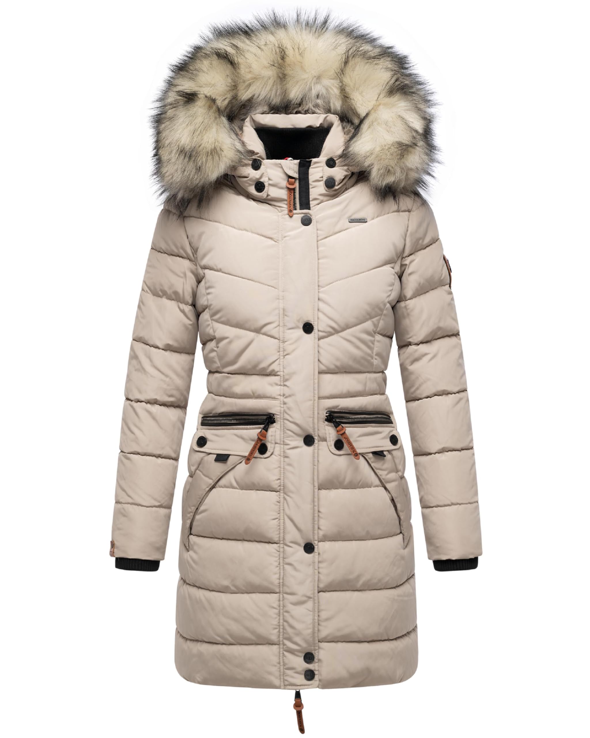 Navahoo Women's Light Taupe Paula Winter Coat, Warm Quilted Coat, Long With Removable Faux Fur Hood, Xs-5Xl, 3XL
