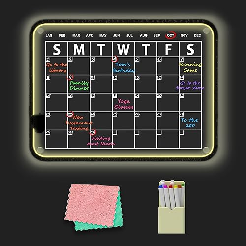 Calendario acrílico LED para refrigerador, pizarra magnética de borrado en seco de 17 x 12 pulgadas para refrigerador, calendario mensual, pizarra