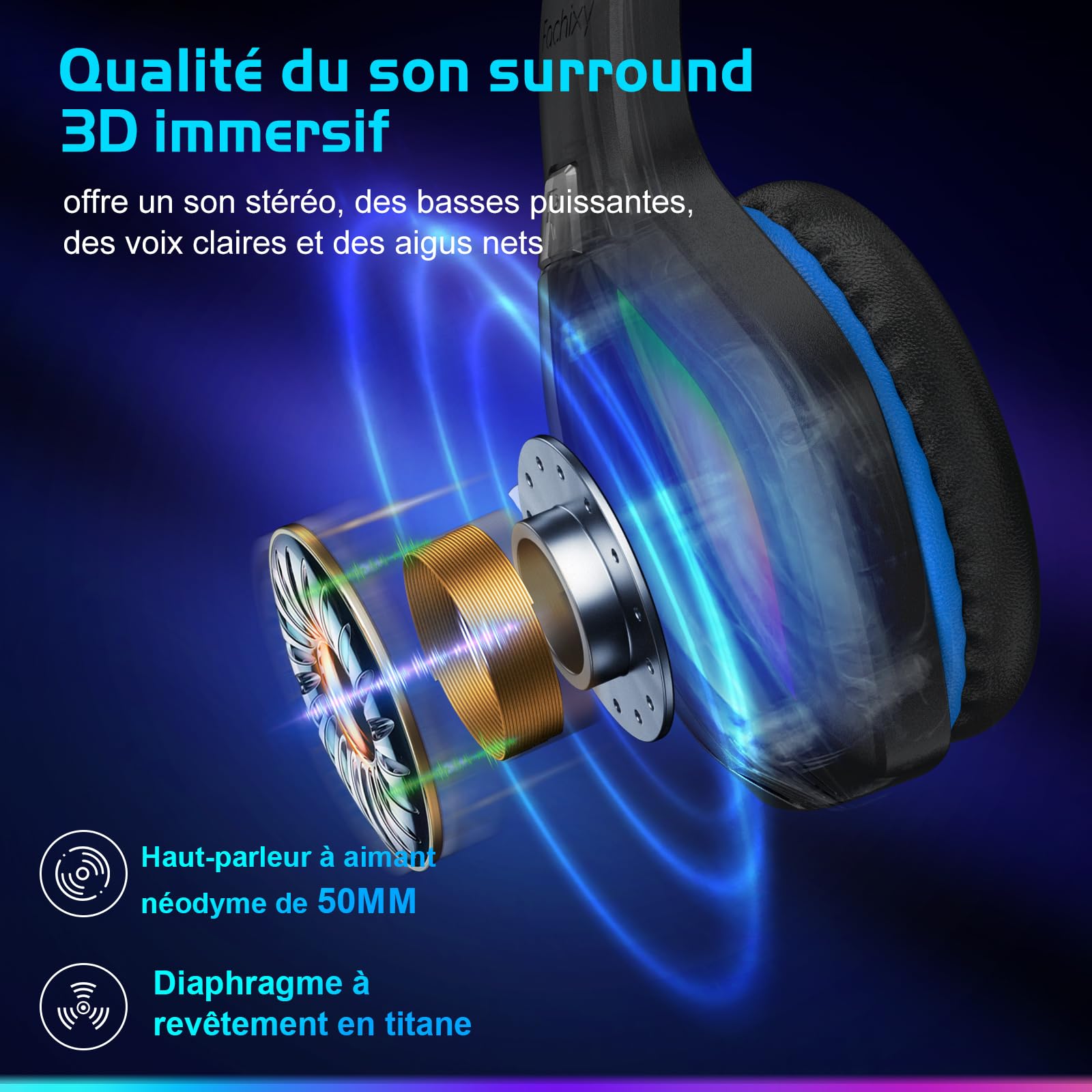 Fachixy FC100「2025 Nouvelle」Casque de Jeu sans Fil pour PS4, PS5, PC - 2,4 GHz et Casque Bluetooth avec Microphone - Son stéréo 3D et autonomie de 50 Heures - pour Switch, Smartphones, Noir-Bleu