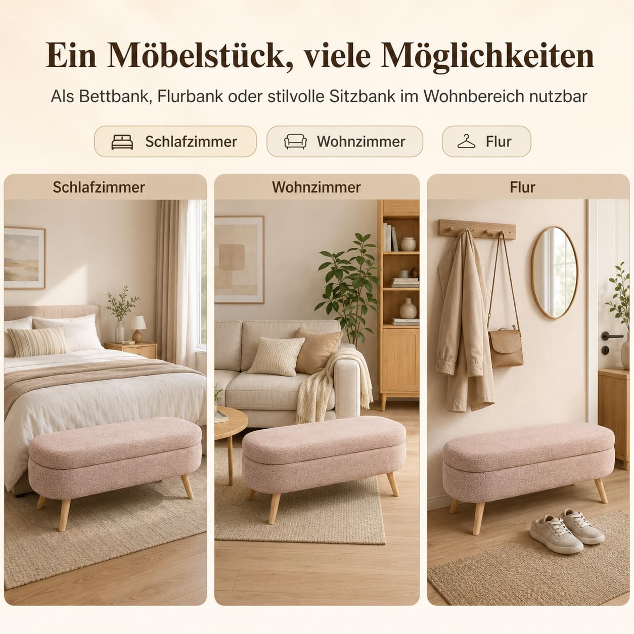 Sitzbank mit Stauraum, Polsterbank 110 cm mit Klappdeckel, Bettbank für Schlafzimmer, Flur & Wohnzimmer, Chenille-Optik,Holzbeine, bis 150 kg belastbar (Rosa)