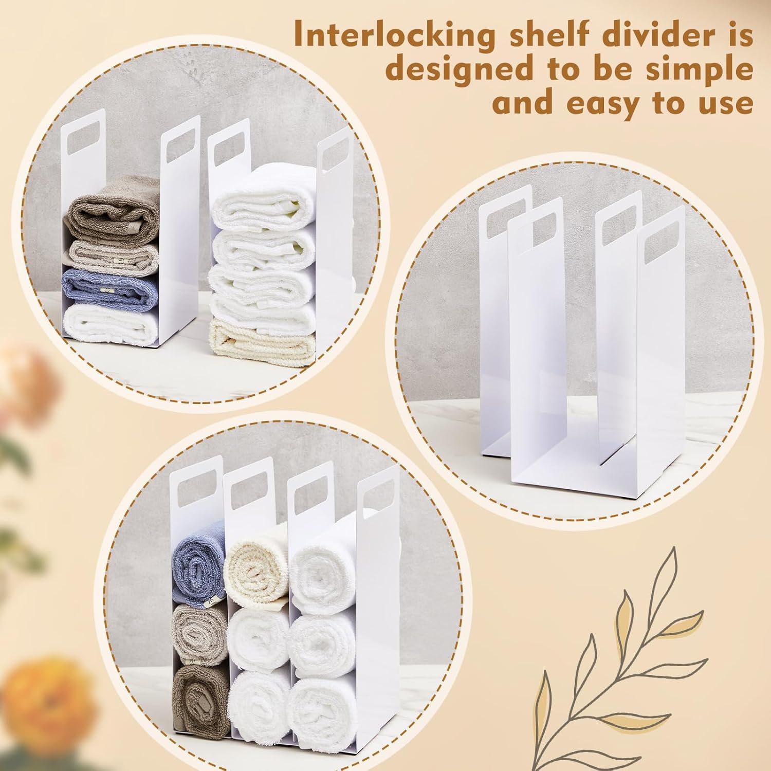 LEIFIDE Set of 2 Interlocking Towel Organizer Metal Bathroom Towel Storage Rack Shelf Dividers Organizers for Closet Home Space Saving (White)