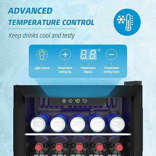 Miniatura 5 de Mini refrigerador de 2.6 pies cúbicos, refrigerador de bebidas independiente para 95 latas con puerta frontal de vidrio para refrescos, cerveza