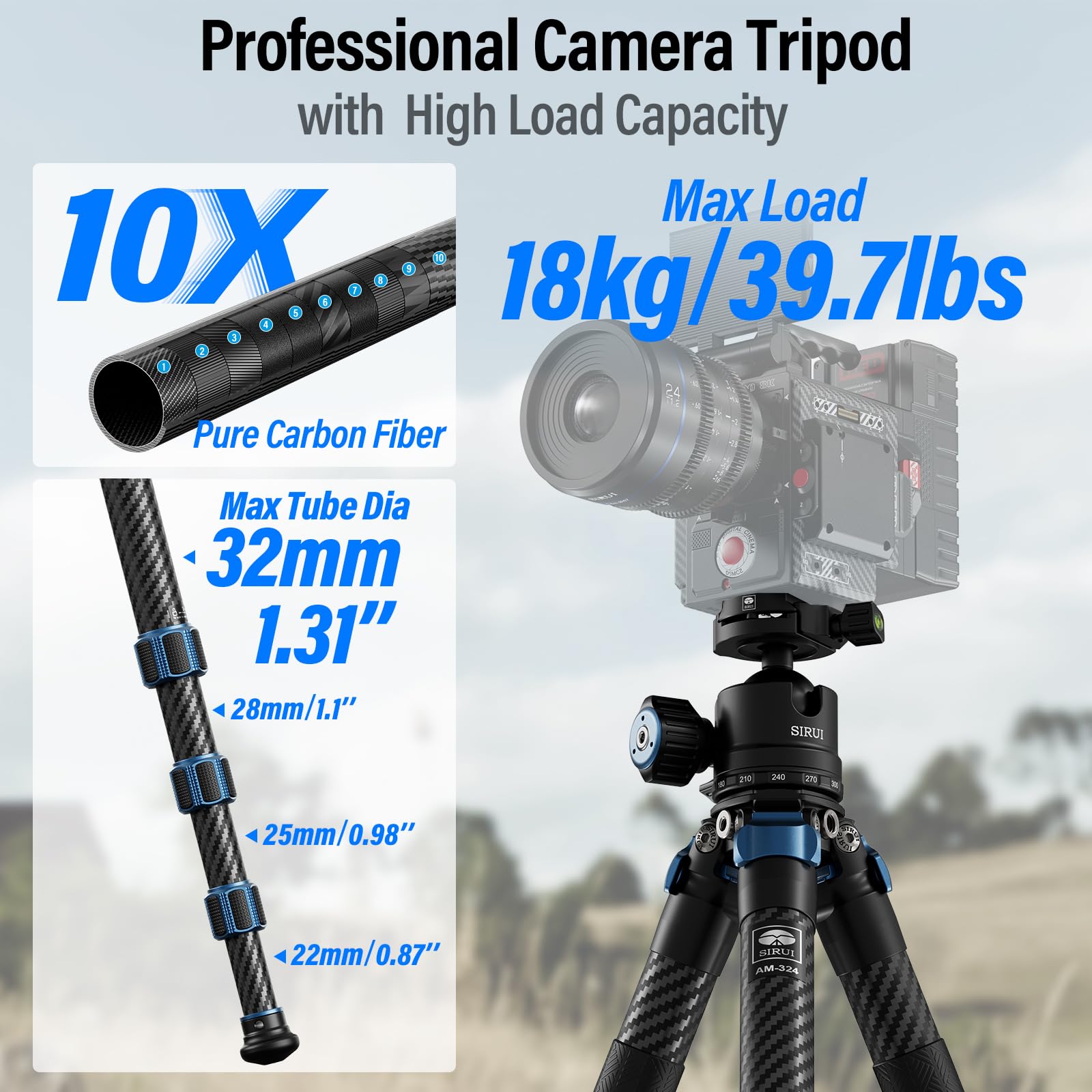SIRUI 153.4cm Treppiede Fotocamera da Viaggio AM-324, Treppiede Carbonio con Testa a Sfera AM-40, Professionale Stabile Treppiedi con Gambe a 4 Sezioni per Videocamera, DSLR, Carico Massimo 18KG