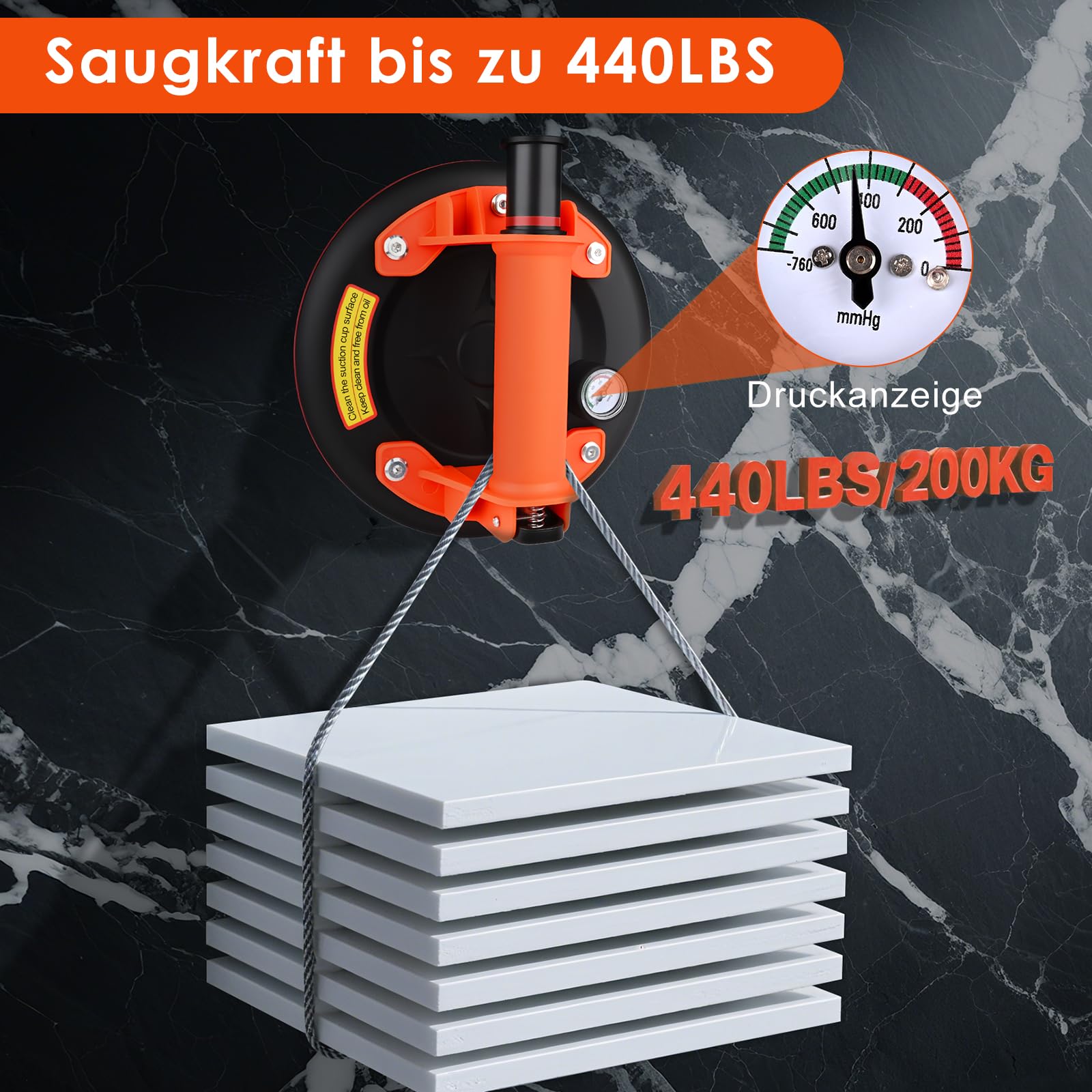 GuKKK 2er Set 8" Saugheber mit Manometer, Glassauger Tragkraft Max.200kg, Robuste Plattenheber für Glas, Fliesenheber, Vakuum Saugheber für Glas, Fliesen, Marmor, mit Tragbarer Werkzeugkasten